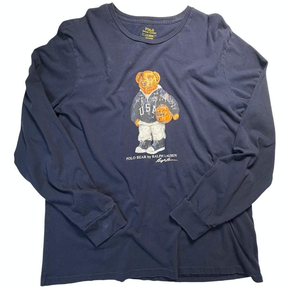 Polo Ralph Lauren Mens L Long Sleeve USA Polo Bear Basketball Graphic T-Shirt